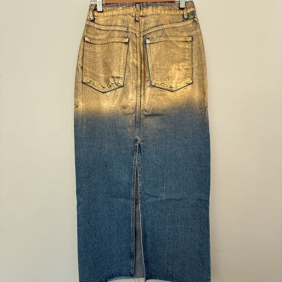 💛 Zara Gold-Dipped Denim Maxi Skirt – Size Small – Back Slit - Picture 1 of 2